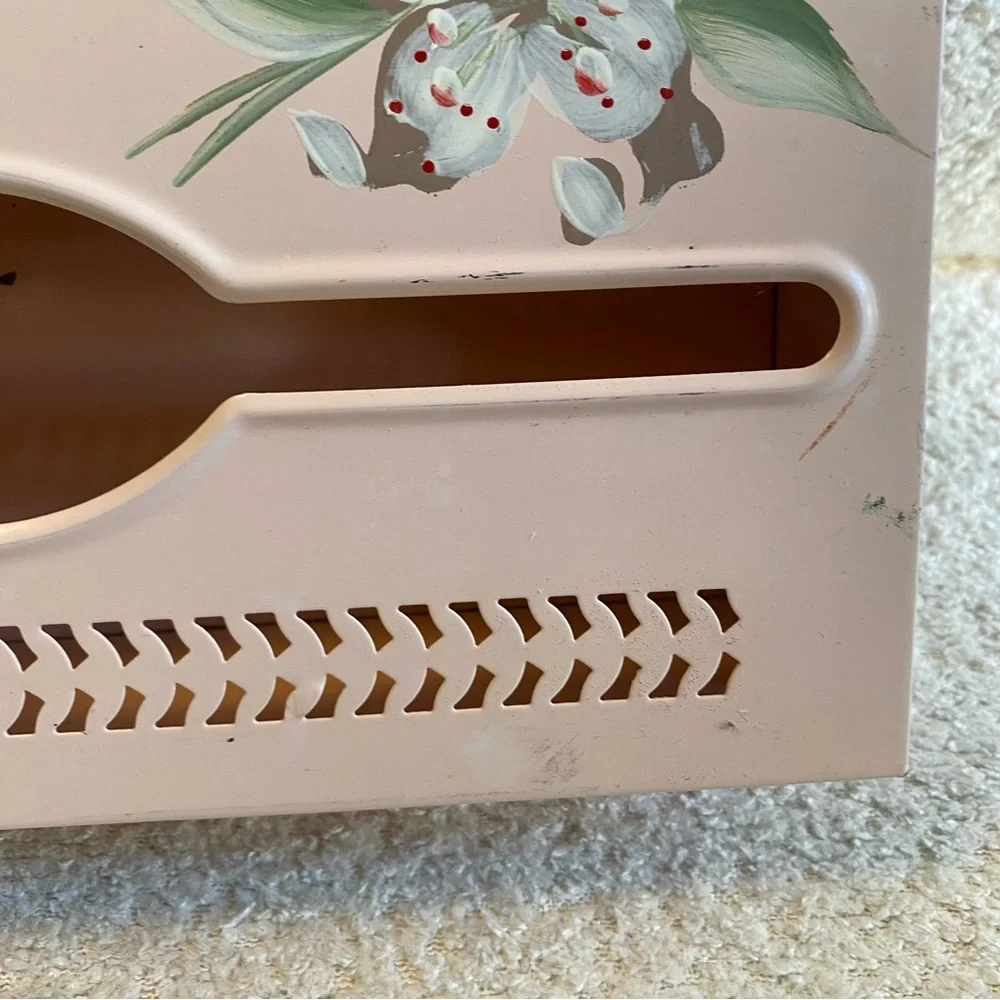 Vintage Tole Ware Metal Hand Painted Pink Floral Wall Tissue Box Cover